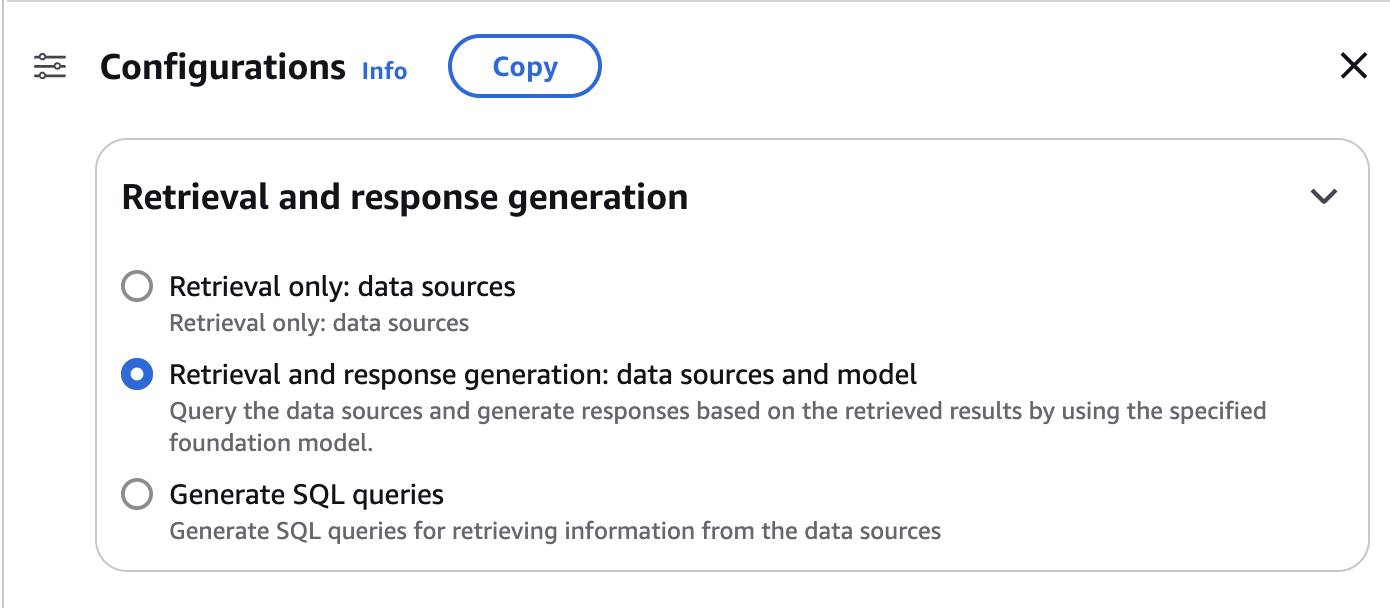 Amazon Bedrock console configuration showing options for retrieval only, retrieval and response generation, and Generate SQL queries.