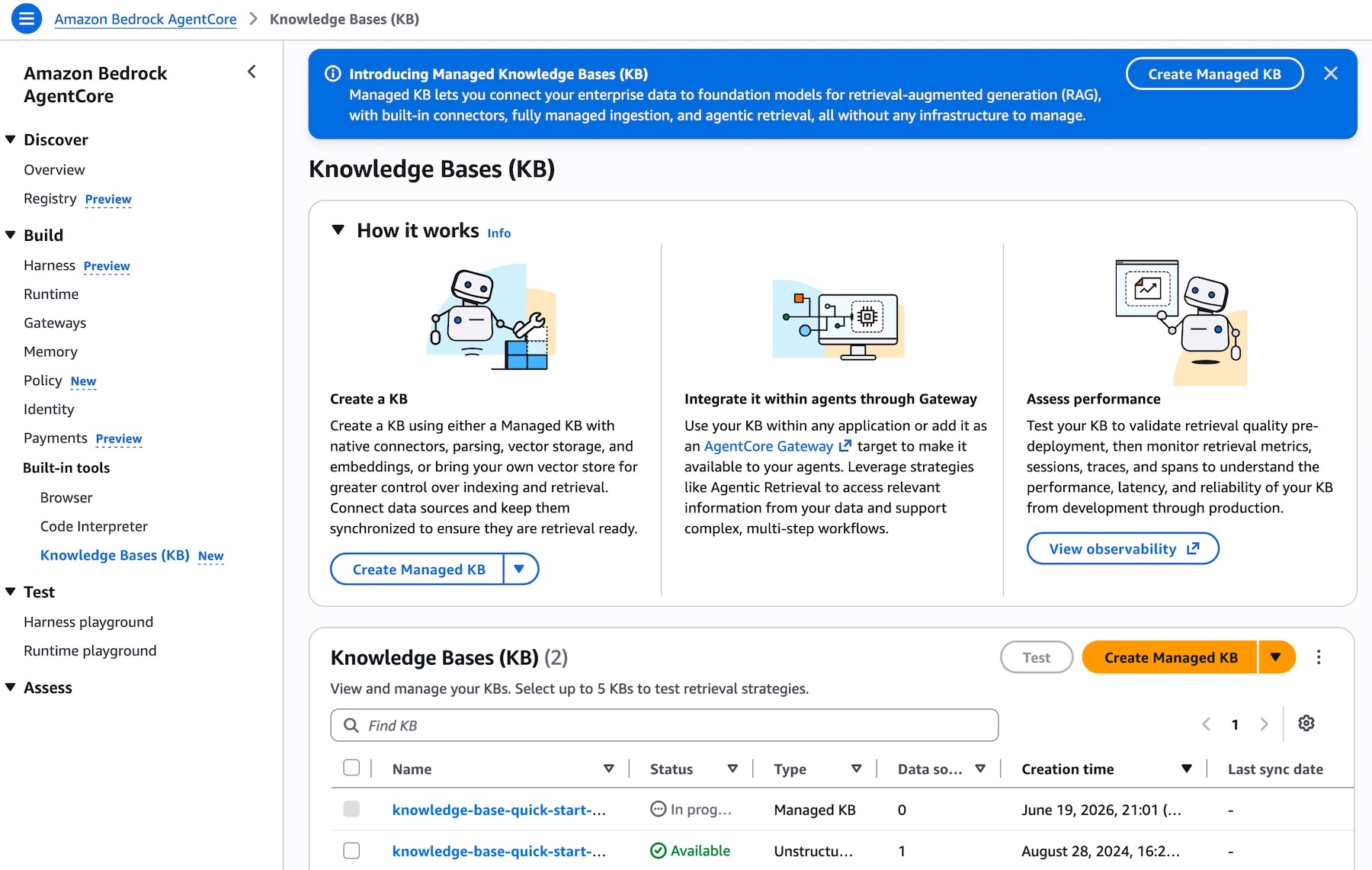 AWS console figure for Amazon Bedrock Managed Knowledge Base showing creation, integration through AgentCore Gateway, and retrieval performance assessment.