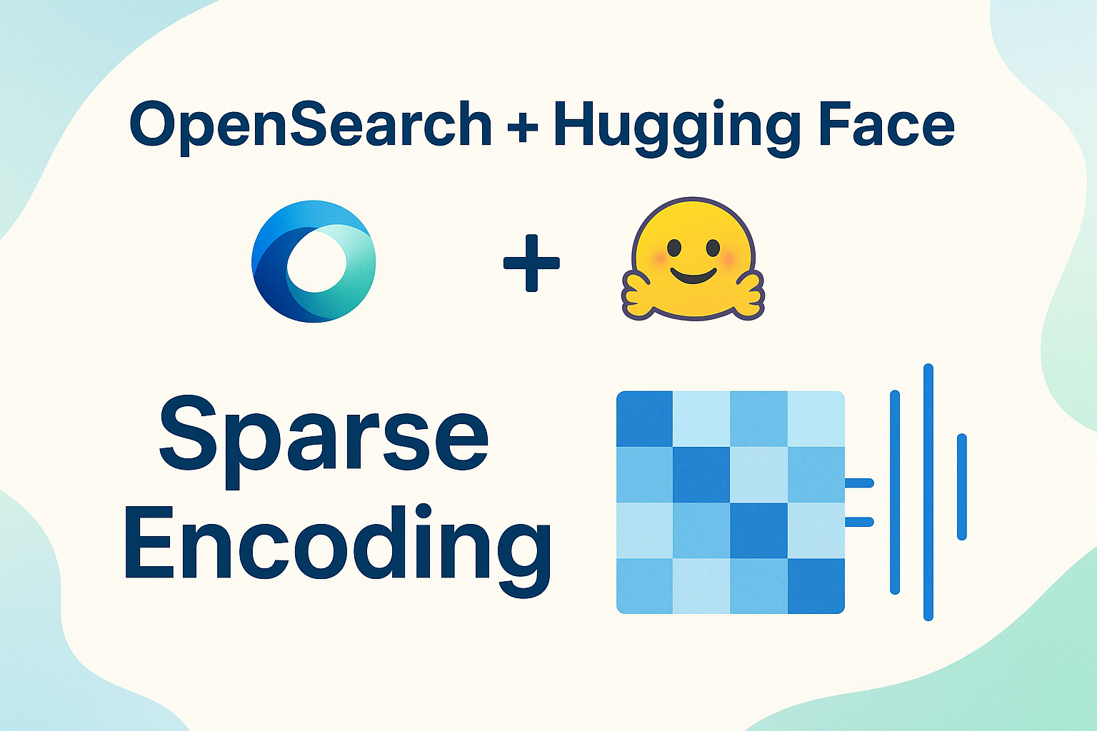 OpenSearch and Hugging Face visual for sparse encoding, showing a sparse matrix transformed into a token-weight representation.