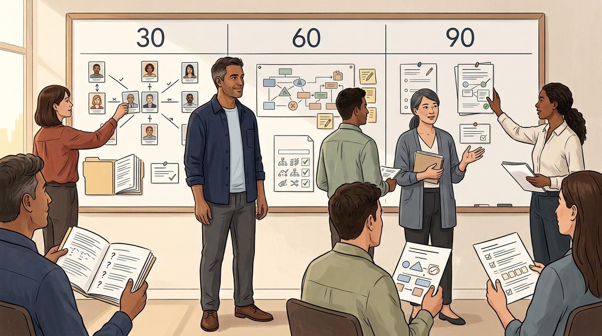 A team updates a ninety-day board with stakeholder context, reviewed delivery evidence, and a runbook transferred to its new owner.