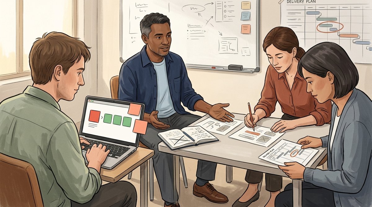 A senior architect listens to the engineer who found an integration problem, crosses out an earlier assumption, and helps the team compare two practical options.