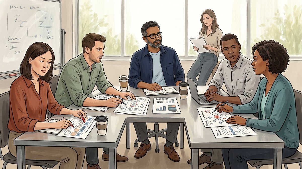 Product, engineering, security, operations, and finance colleagues speak directly over shared evidence while the architect listens after making the connection.