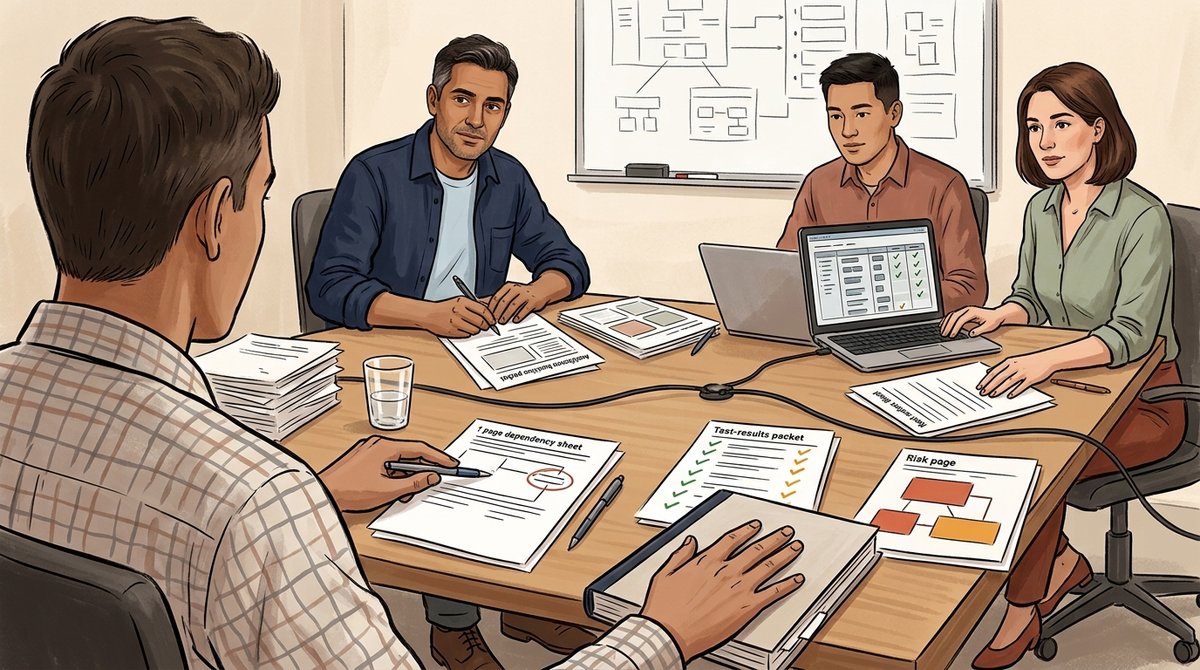 An operations owner identifies a missing dependency during a handover review while the architect corrects the packet and the delivery lead confirms ownership.