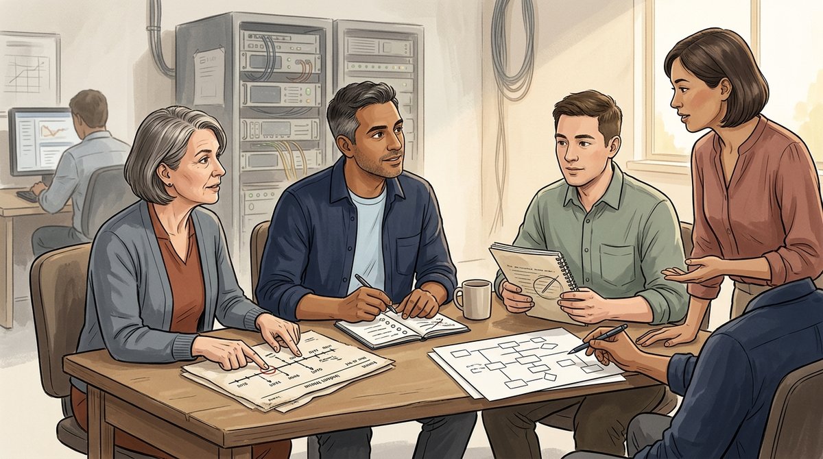 An operations specialist explains a historical system failure while the architect revises an assumption and helps a business colleague understand the current consequence.