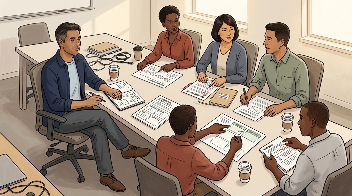 A cross-functional team examines customer, incident, architecture, and risk evidence while a senior architect listens and helps clarify the next action.
