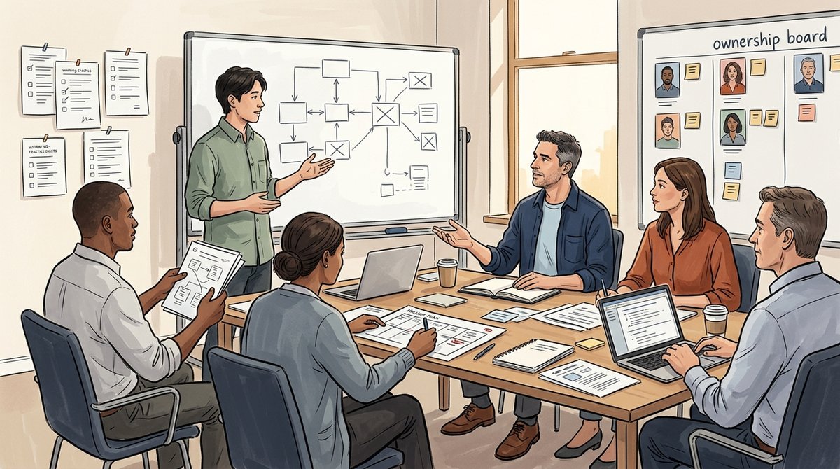 An engineer leads an architecture review as teammates present evidence and ownership, while the senior architect listens and asks one clarifying question.